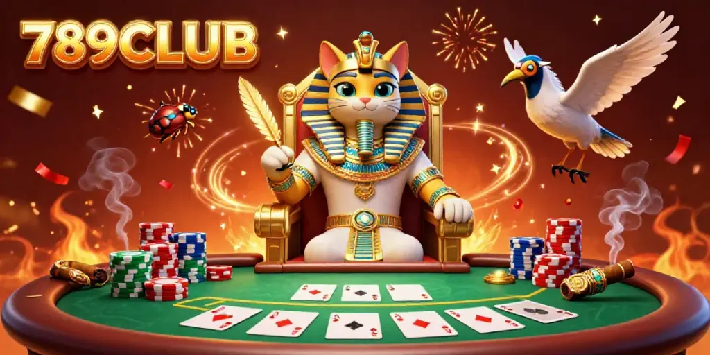 Experience premier poker gameplay with the vibrant 789CLUB scene featuring a prized poker hand and engaging characters.