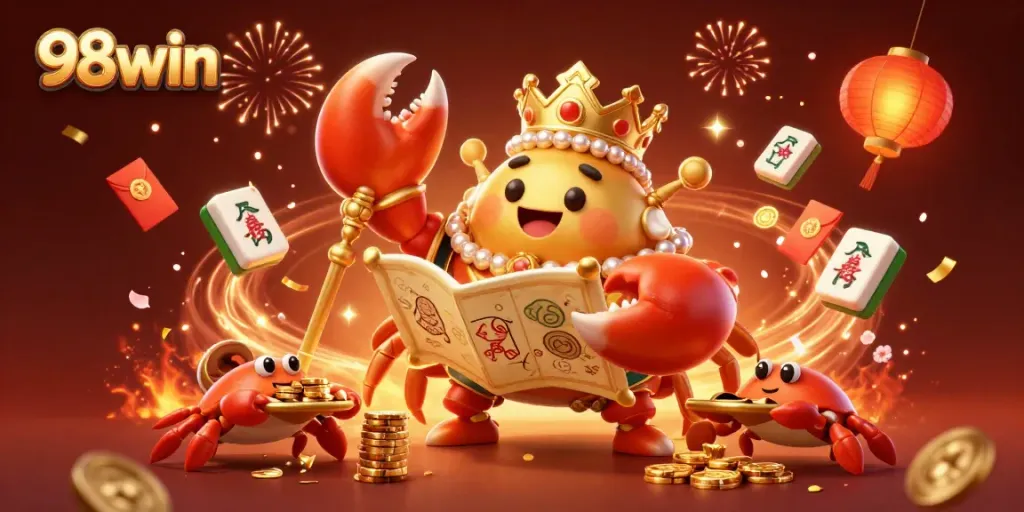 Engage with 98win's vibrant 3D casino scene featuring a golden crab emperor and joyful gambling elements.