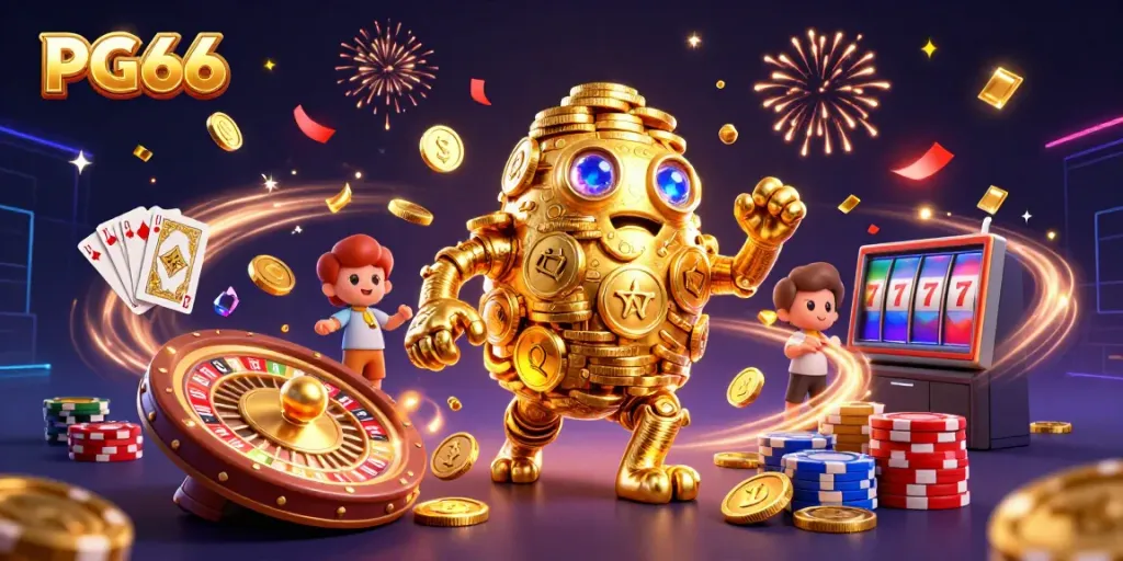 Experience PG66 with its vibrant gaming action featuring golden golems and slot machines.