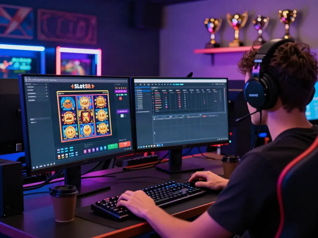 Player immersed in Slot88 gaming experience on a vibrant desktop setup.