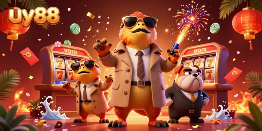 Experience excitement with uy88 as cartoon raptors try to enter a VIP casino, surrounded by festive elements.
