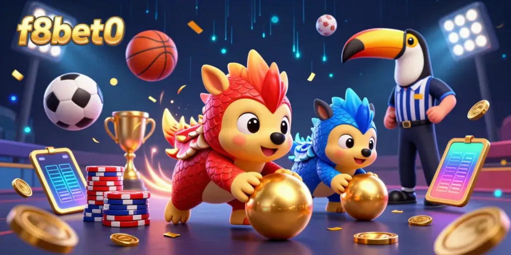 Engage with the vibrant f8bet0 scene showcasing gambling dynamics with pangolins and gold coins.