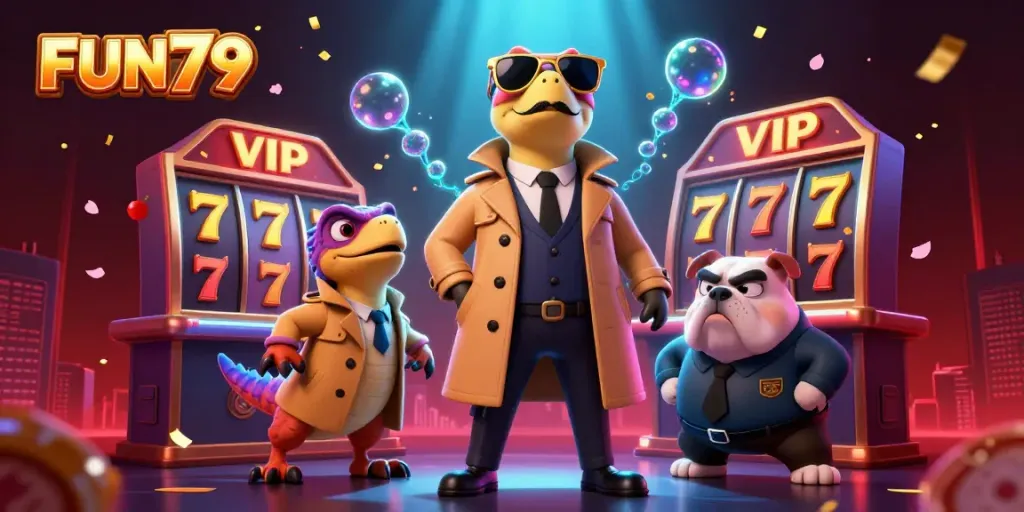 Experience FUN79's thrilling VIP casino ambiance with animated raptors in a trench coat.