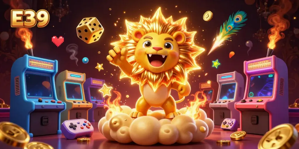 Experience thrilling gaming excitement at E39 with a vibrant casino-themed illustration featuring a lion and golden dice.