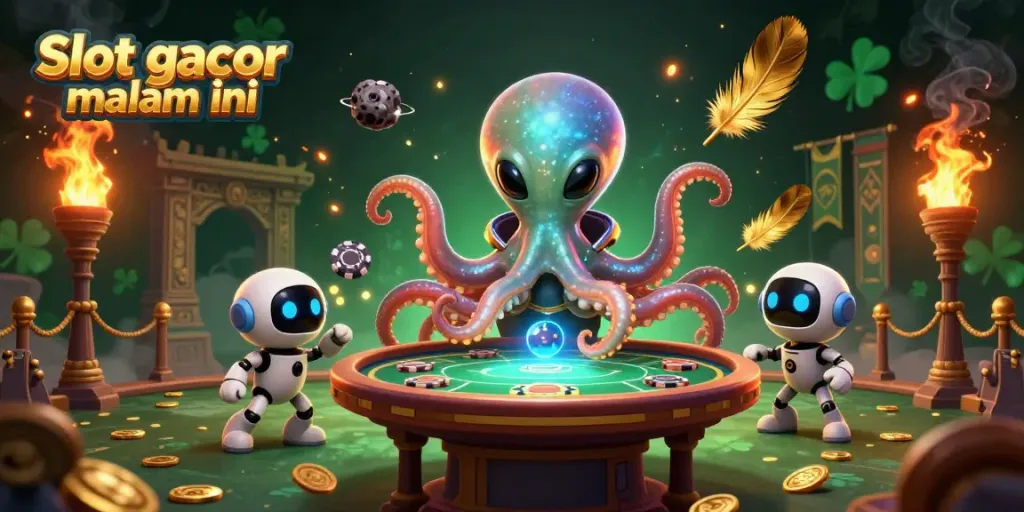 Slot gacor malam ini menggambarkan permainan di kasino dengan karakter unik dan suasana meriah.