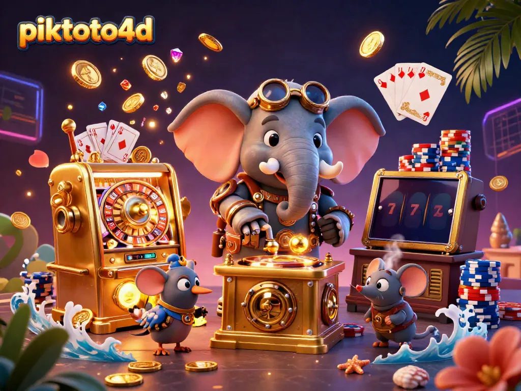Experience the vibrant excitement of piktoto4d as a steampunk elephant operates a golden slot machine amidst floating treasures.