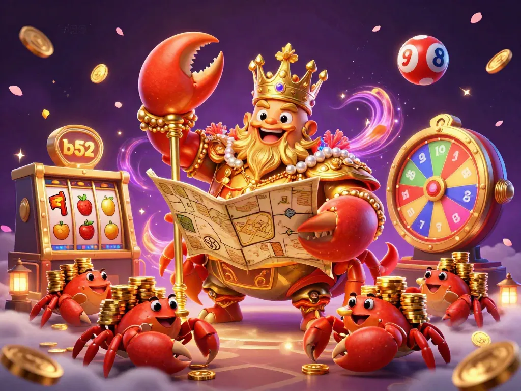 Engage with b52 casino thrills through a vibrant illustration showcasing a golden crab emperor and lucky symbols.