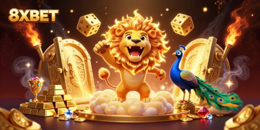Engage with immersive 8XBET casino adventures, featuring a lively sun lion and golden dice.