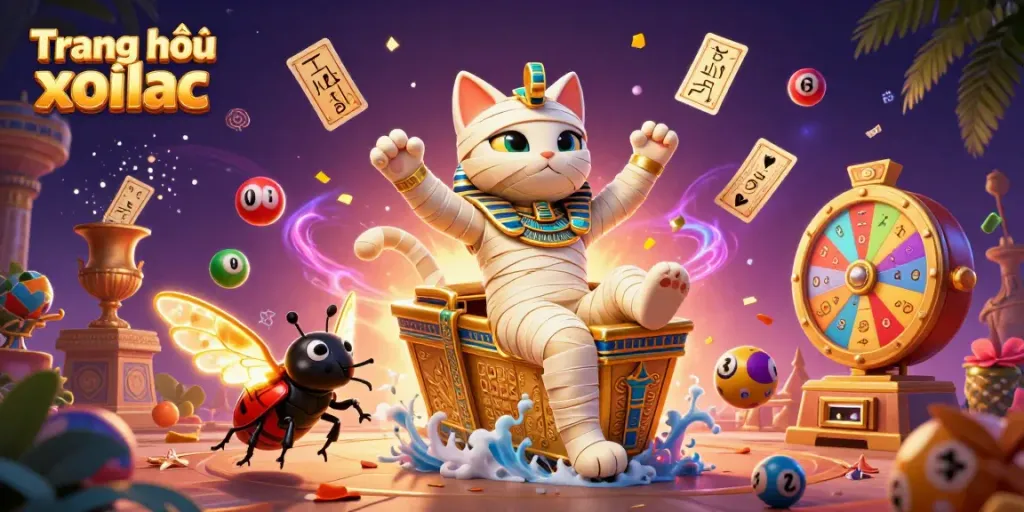 Watch the action unfold at Trang chủ xoilac with an Egyptian mummy cat and vibrant lottery elements.