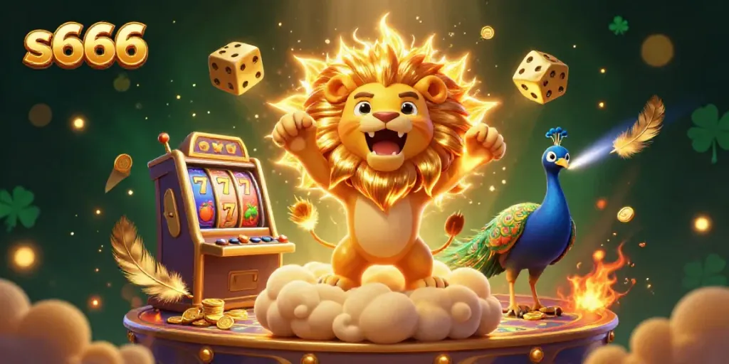 Experience thrilling gameplay at s666 with a roaring sun lion and dynamic slot machine illustration.