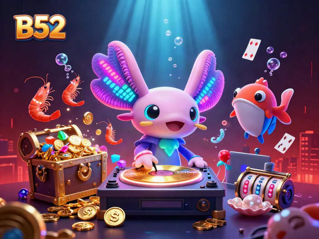 B52-themed illustration showing a vibrant axolotl DJ spinning records with shrimp and a blowfish at an underwater casino party.