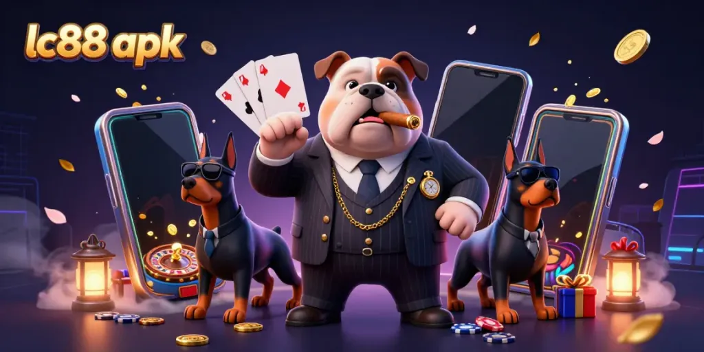 Engage with exciting gameplay in lc88 apk featuring a mafia bulldog surrounded by casino elements.
