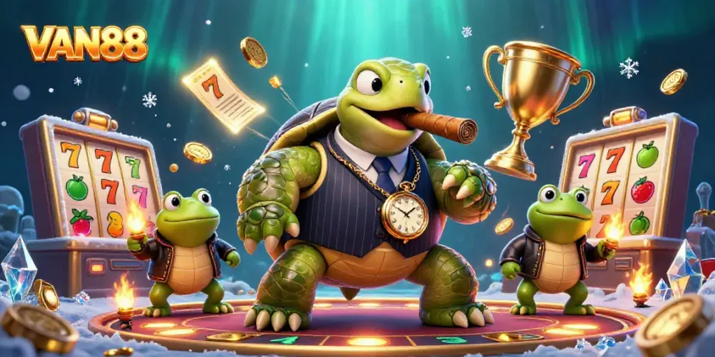 VAN88's massive snapping turtle in mobster style celebrates slot success amid flying jackpots.