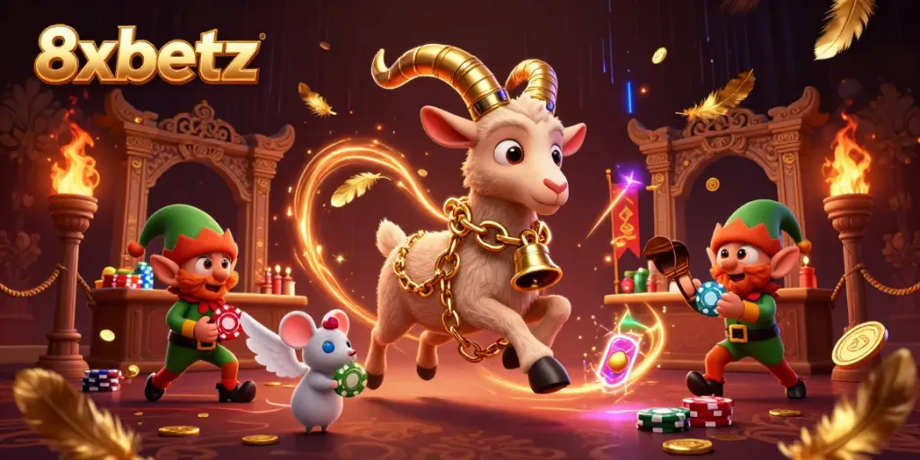 Experience excitement at 8xbetz with a vibrant gambling scene featuring festive characters and dynamic gaming elements.