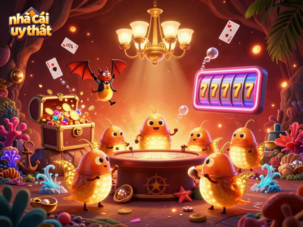 Experience the excitement of nhà cái uy tín with a vibrant 3D cartoon casino scene filled with glowing elements.