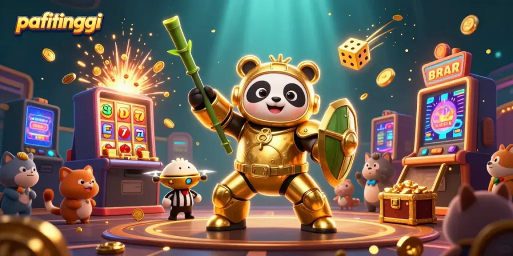 Menyaksikan pertarungan yang mendebarkan di arena perjudian BINGOSLOT88 dengan panda emas dan elemen slot menarik.