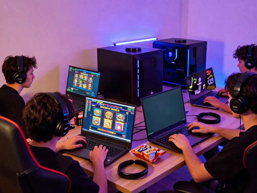 Exciting players enjoying slot gacor games at home, illuminated by colorful LED lights.