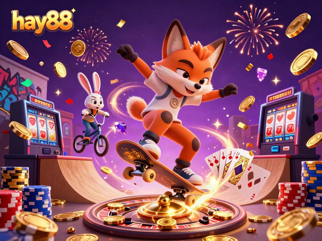 Experience the vibrant energy of hay88 with a dynamic digital illustration of a fox and rabbit in a casino scene.