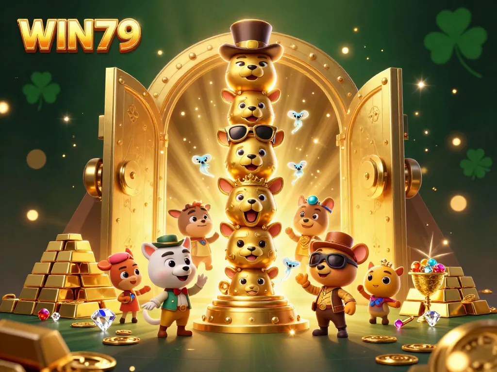 Experience the excitement of WIN79 with a vibrant 3D casino-themed illustration showcasing golden treasures.