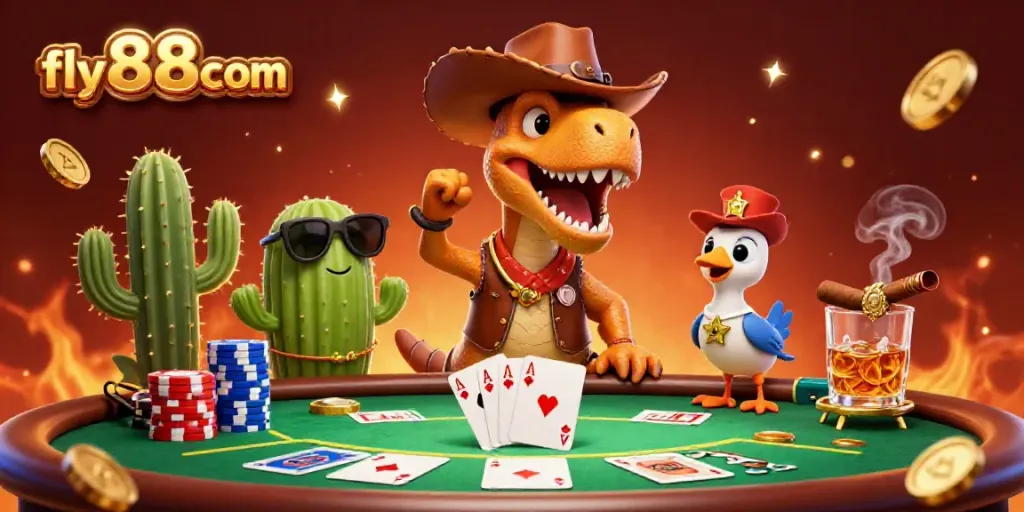 Engage in thrilling poker action with fly88com, featuring a cowboy dinosaur and vibrant casino elements.