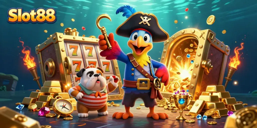 Experience the excitement of Slot88 with playful characters amidst golden treasures and vibrant casino elements.
