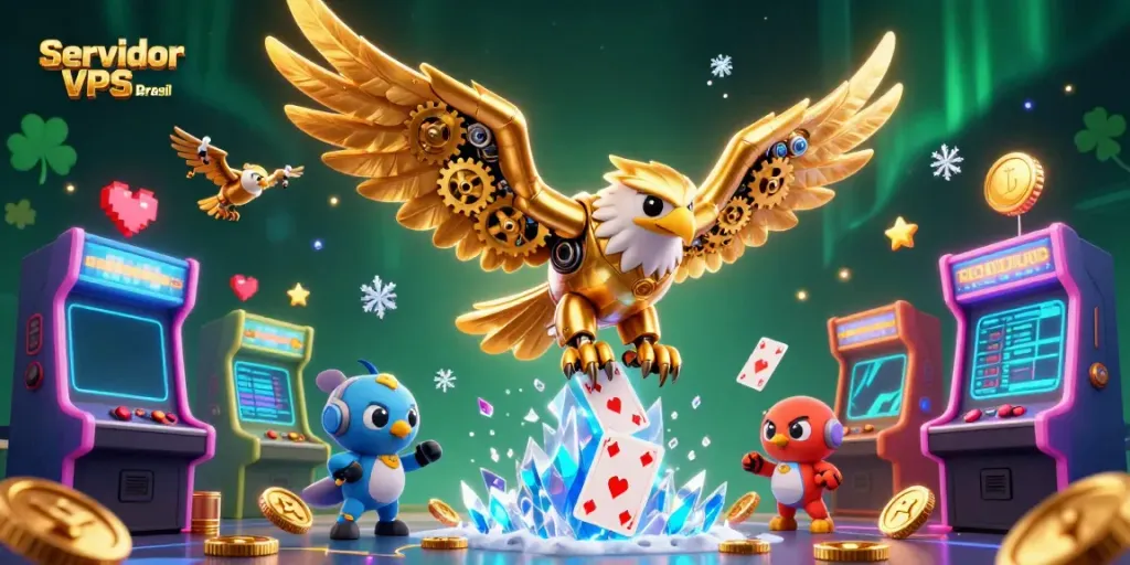 Experience the thrill of Servidor VPS Brasil with vibrant 3D visuals depicting a cybernetic eagle amidst gaming elements.