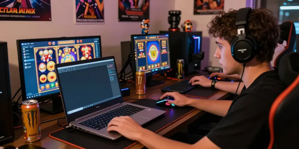 Player engaging in a thrilling session of slot777 online, surrounded by gaming gear and vibrant graphics.