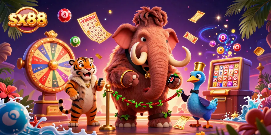 Sx88 casino features a woolly mammoth bouncer and thrilling lottery elements in a vibrant illustration.