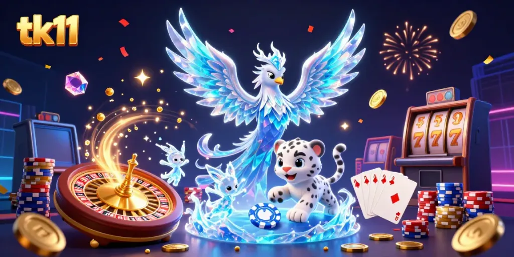 Experience the thrill of tk11 with vibrant characters and dazzling casino elements in this 3D illustration.