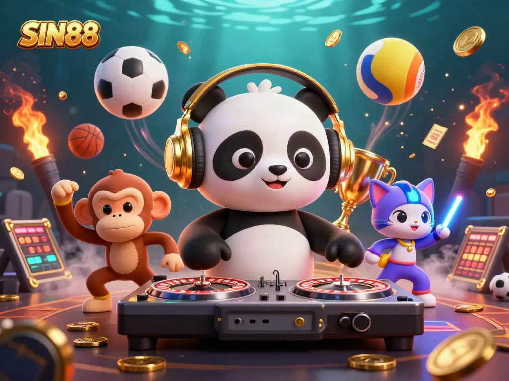 SIN88 showcases a vibrant online casino scene with fun characters and dynamic game elements.