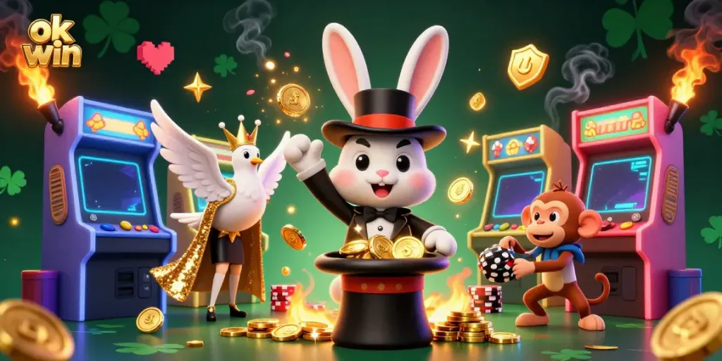 Join the excitement at ok win with a vibrant 3D illustration of magical casino elements and characters.