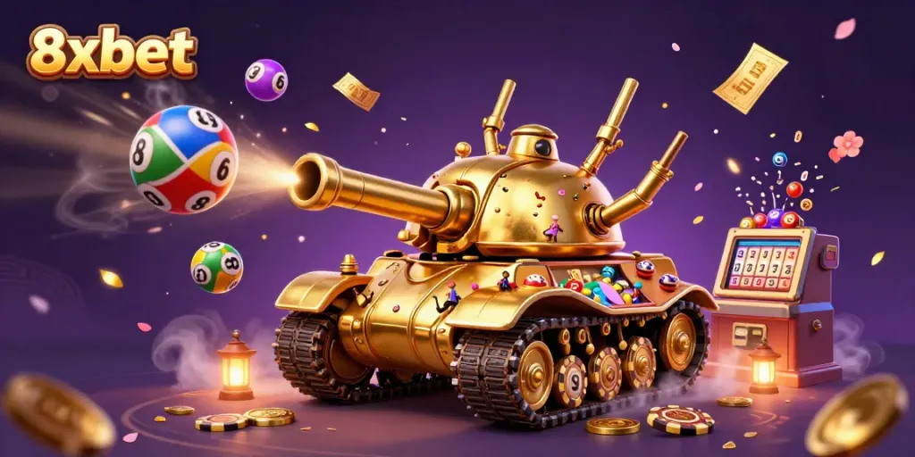 Experience thrilling gaming at 8xbet with a vibrant 3D casino world featuring dynamic lottery elements.