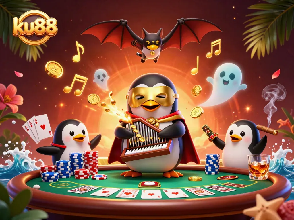 Experience thrilling gameplay with ku88 as the penguin plays an organ of coins amidst vibrant casino elements.