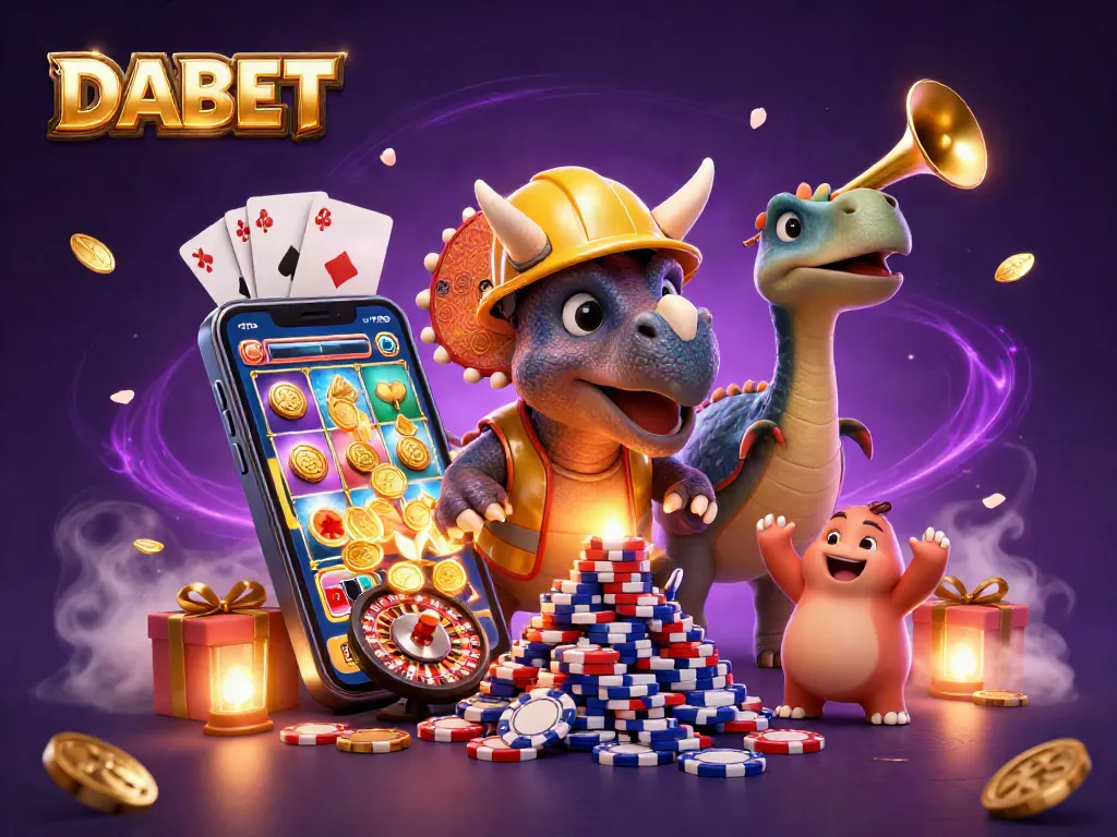 DABET spins to victory with a triceratops building poker chip towers in a vibrant casino scene.
