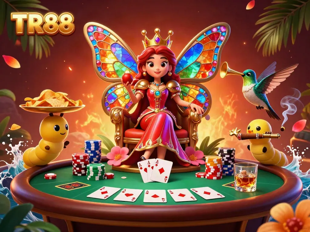 Engage with TR88's vibrant butterfly queen at the casino, surrounded by poker elements and colorful chips.