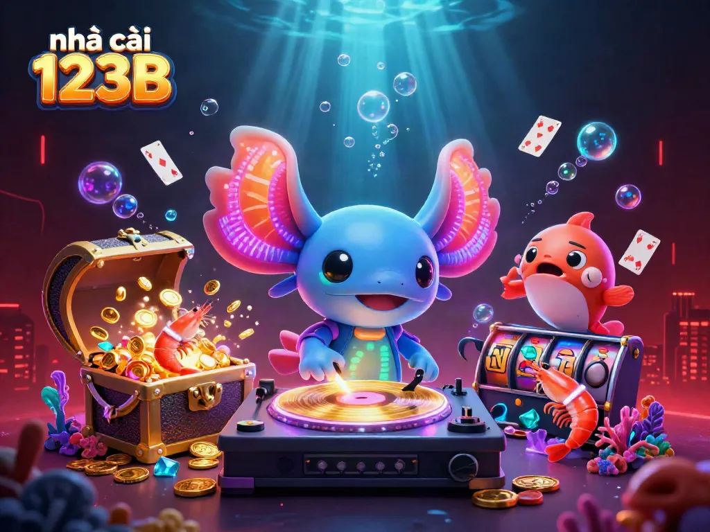 Experience the thrill at nhà cái 123B with a vibrant underwater casino scene bursting with color and energy.