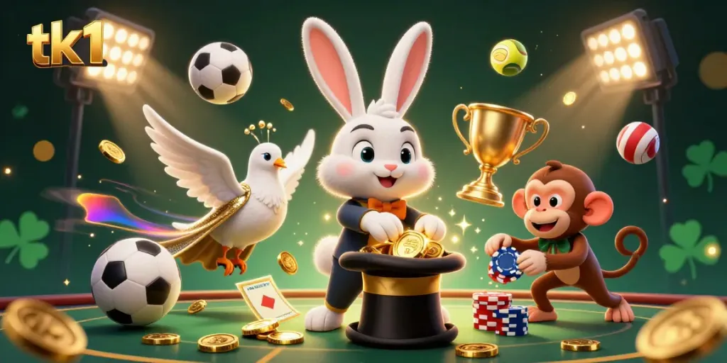 Experience the thrill of tk11 as a magician rabbit conjures golden coins in a vibrant casino scene.
