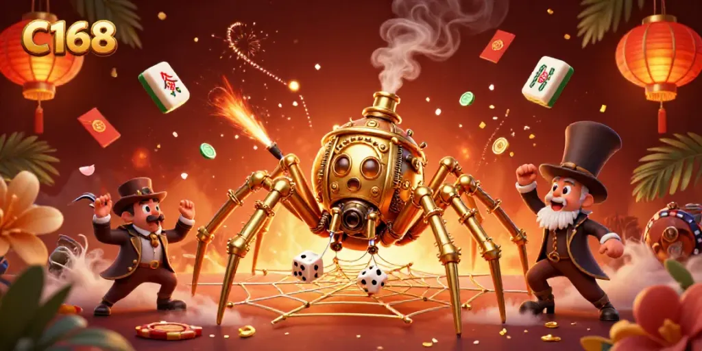 Catch C168's luck in an intricate web of fun with a steampunk golden spider and gaming elements.