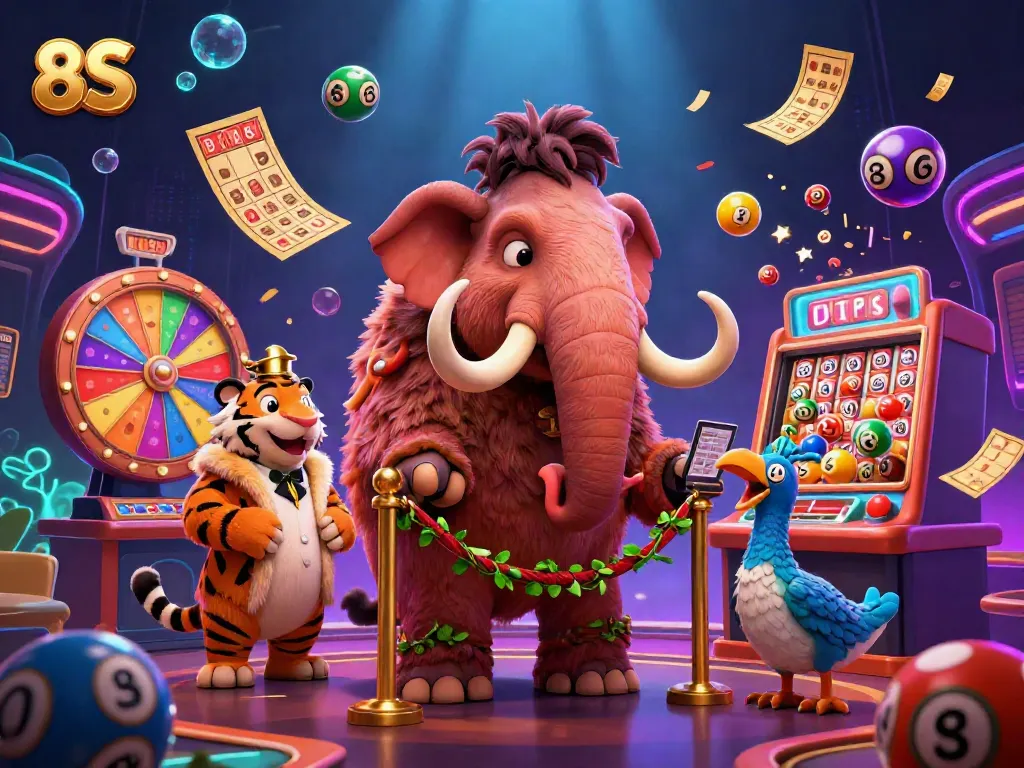 Experience 8S thrills with vibrant casino elements and characters in a lively 3D scene.