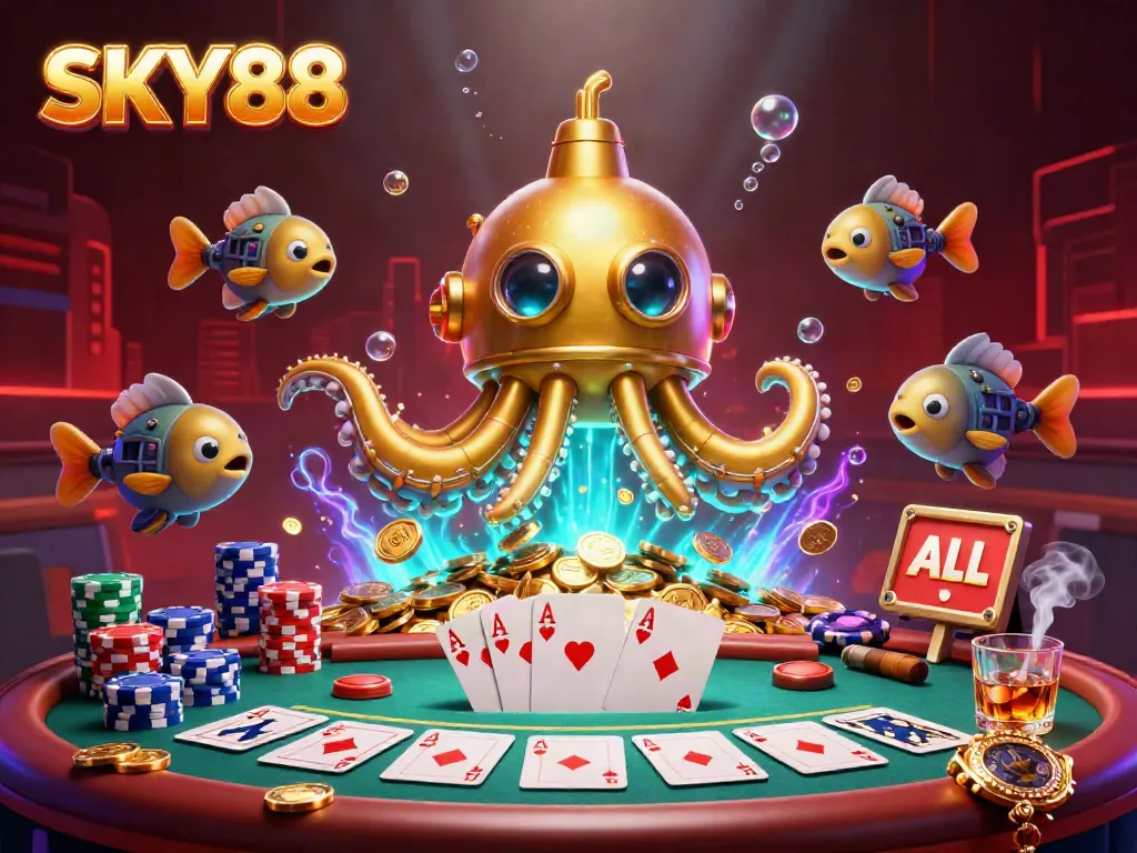 Engage in thrilling adventure at SKY88, where the kraken submarine surfaces through golden coins amidst intense poker elements.