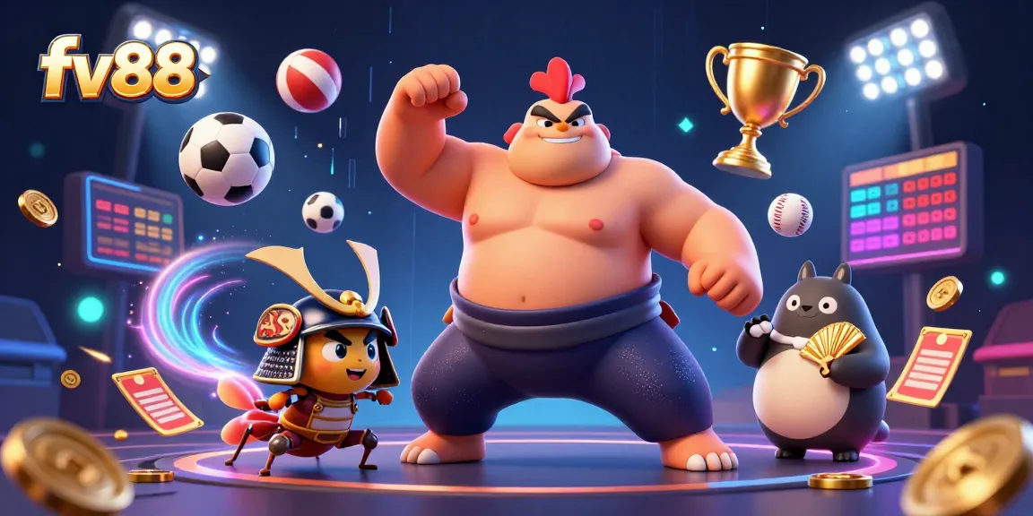 fv88 sports betting scene with cartoon characters and dynamic elements, showcasing engaging action