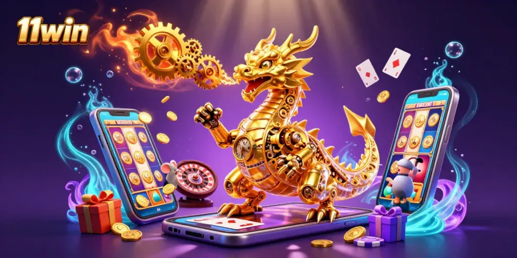 Play at 11win with a golden dragon breathing gears, showcasing vibrant casino excitement.