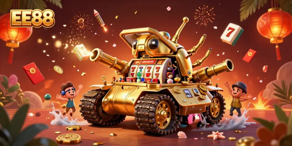 Engage in thrilling slot action with EE88's vibrant 3D casino scene showcasing exciting elements.