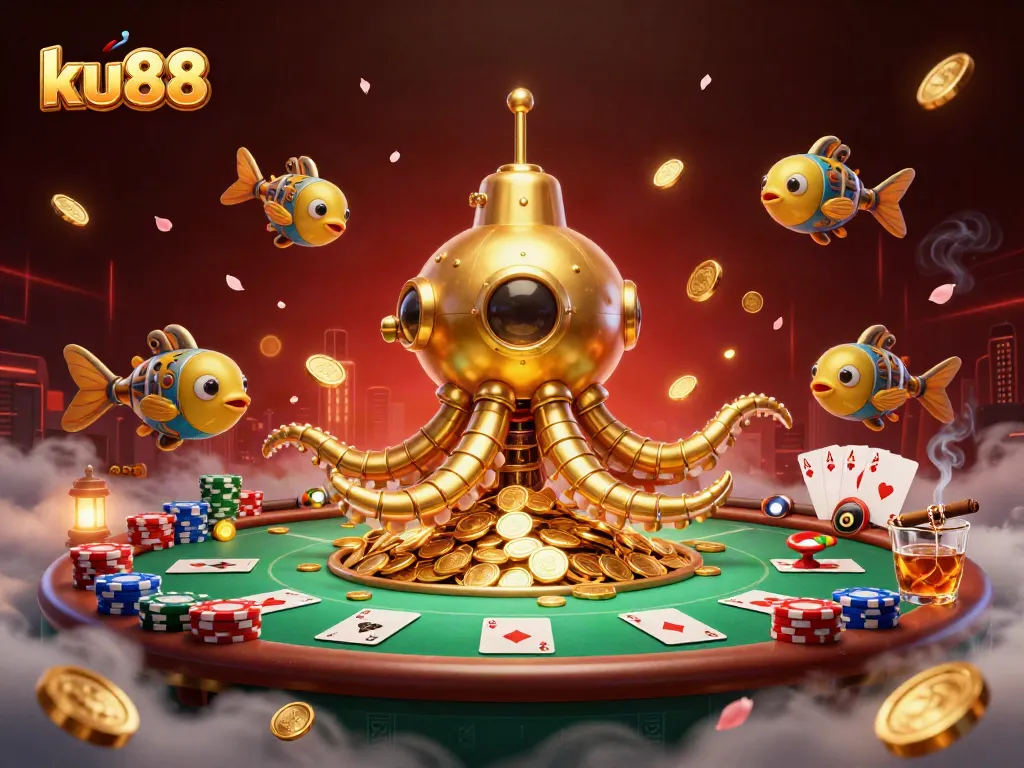Bet big with ku88 in a vibrant casino scene showcasing a kraken submarine surfacing through gold coins.