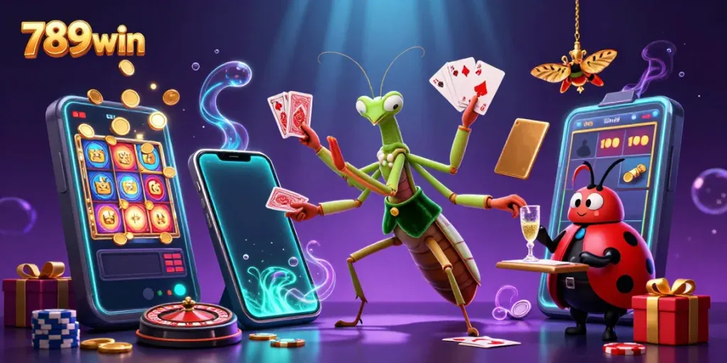 Experience vibrant casino action with 789win's dynamic 3D illustration of a mantis card sharp and ladybug pit boss.