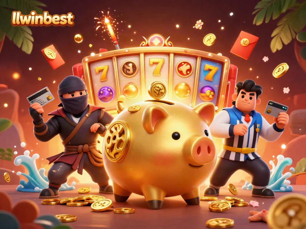 Exciting action at llwinbest featuring a colossal golden piggy bank sumo wrestler, wallet ninja, and credit card samurai in a dynamic casino scene.