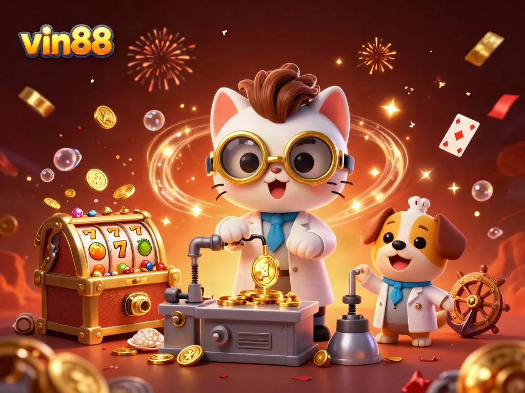 vin88 casino illustration showing a mad scientist cat creating gold coins amid slot machines and treasures