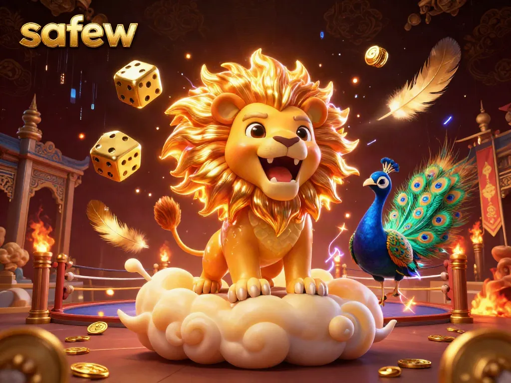 Experience safew with a dynamic casino scene featuring a roaring sun lion and golden dice.