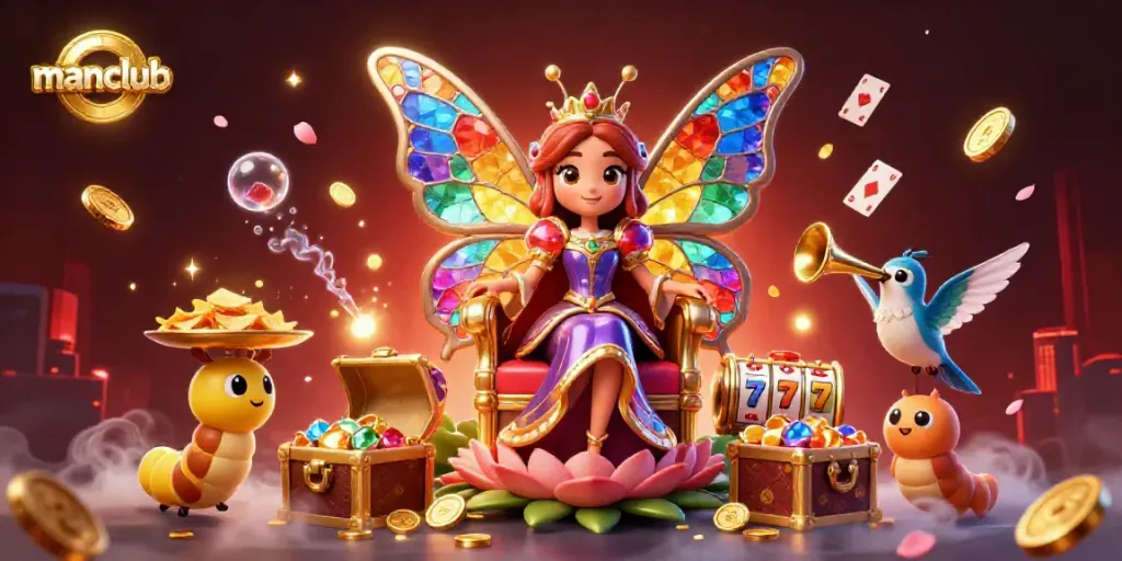 Experience thrilling wins at manclub with vibrant casino elements and a colorful butterfly queen.