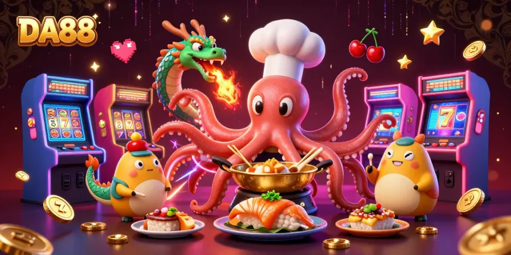Engage with DA88's vibrant slots adventure featuring characters and casino elements for a captivating experience.